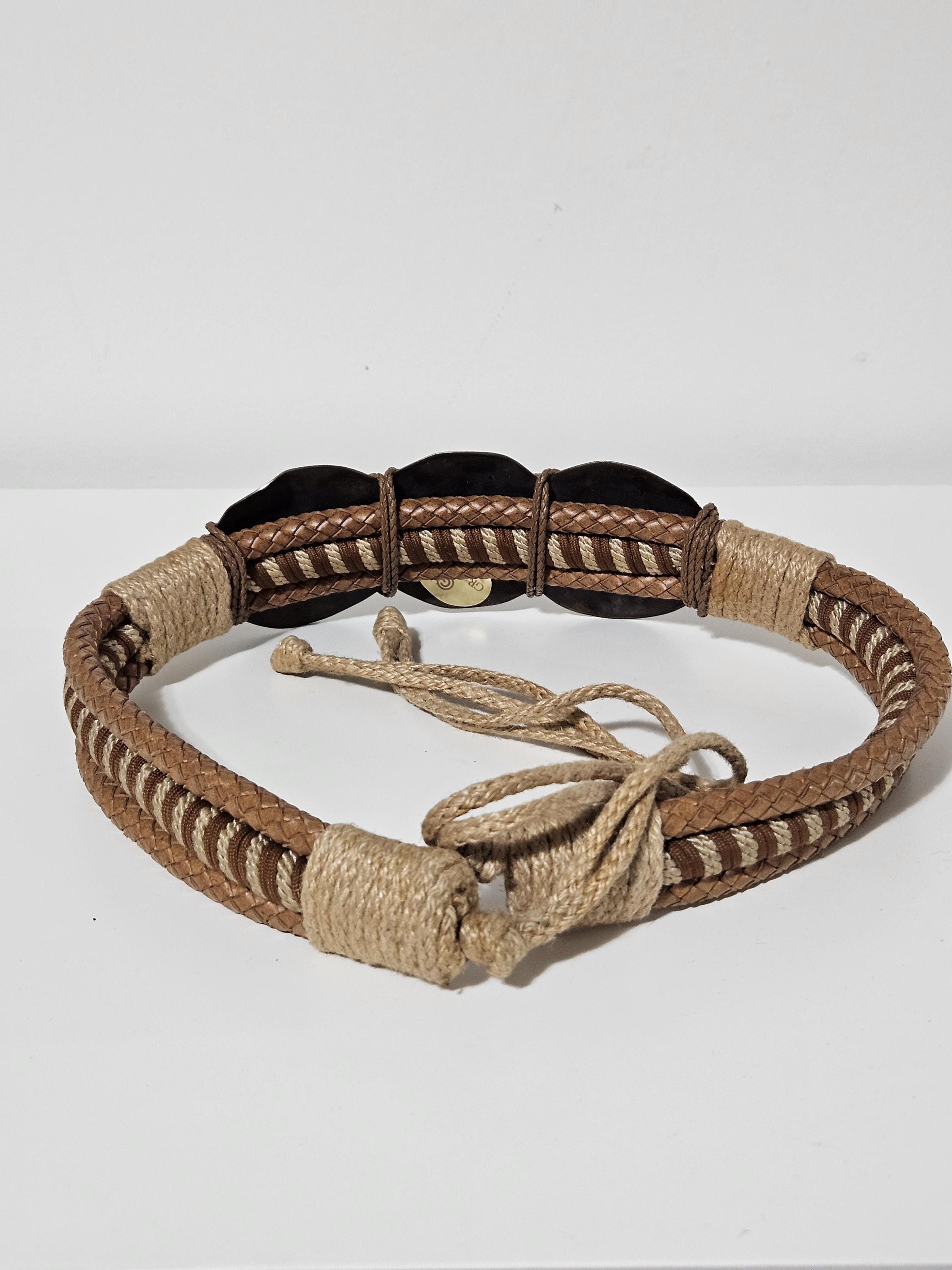 Vintage Graziano Rope Belt Adjustable Medallion Boho Statement Burgundy Gold Xs Vintage 1980s Graziano Gold Bronze Braided Rope Statement  main image 2
