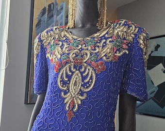 Vintage Scala Blue Sequin Beaded  Pearl Silk Dress