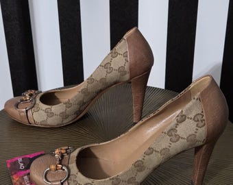 Gucci Canvas Horsebit Bamboo Leather Heels