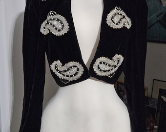 Vintage Julie Duroche for After Five Rhinestone Applique Black Velveteen Bolero
