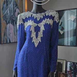 Vintage Stenay Blue Silver Beaded Sequin Silk Dress