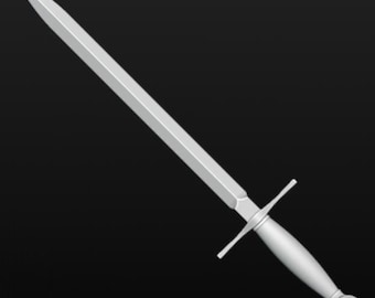 May include: A silver sword with a pointed tip and a cross guard. The sword has a round pommel and a straight blade.