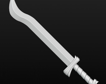 May include: A silver sword with a curved blade and a detailed handle. The sword is isolated on a black background.