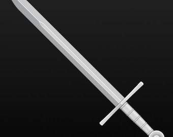 May include: A silver sword with a cross guard and a rounded pommel. The sword is on a black background.