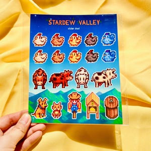 Feuille d'autocollants Stardew Valley Pixel animaux de la ferme pour papeterie et journaux - Ambiance rétro confortable !