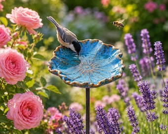 Ceramic Bee Waterer Station With Stake, Hand-Glazed Ceramic Flower Garden Stake, Decorative Bird Feeder and Bird Bath