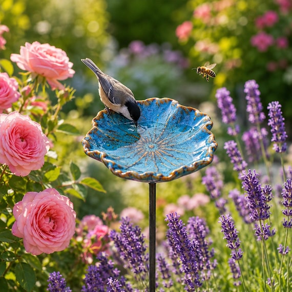 Ceramic Bee Waterer Station With Stake, Hand-Glazed Ceramic Flower Garden Stake, Decorative Bird Feeder and Bird Bath