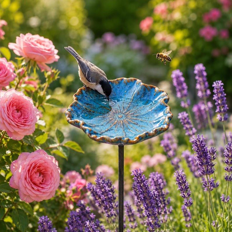 K&ouml;nnte beinhalten: Eine blaue Vogeltr&auml;nke aus Keramik mit gewelltem Rand und einem strahlenf&ouml;rmigen Muster in der Mitte, montiert auf einem d&uuml;nnen schwarzen Metallstab. Ein kleiner Vogel mit schwarzer Kappe und grauen Fl&uuml;geln trinkt Wasser, w&auml;hrend eine Biene fliegt.