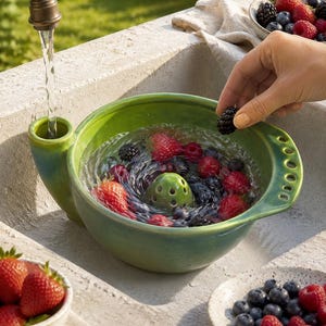 Puede incluir: Un colador de bayas de cerámica verde con un asa lateral que tiene cinco orificios de drenaje y una cúpula central perforada. El cuenco está lleno de agua y fresas, moras y frambuesas frescas, con un grifo vertiendo agua dentro.