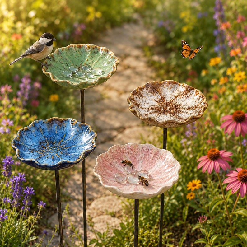 K&ouml;nnte beinhalten: Vier dekorative Gartenstecker mit gewellten, schalenf&ouml;rmigen Oberteilen in gr&uuml;ner, blauer, wei&szlig;er und rosa Keramikoptik. Jede Schale ist auf einem d&uuml;nnen Metallstab montiert. In den Schalen befinden sich klare Glassteine sowie ein Vogel und Bienen.