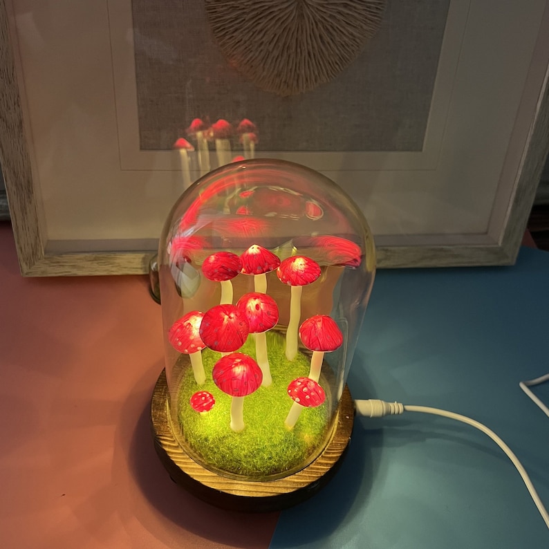 Handmade Red Mushroom Lights Brown Antique Base country style lamps unique lamps anniversary gift USB Battery