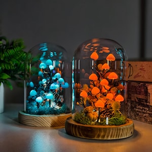 Magical Blue & Orange Mushroom Lamp, Whimsical Tree Mushroom Light, Dreamy Glass Dome Lamp for Bedroom or Gift, Unique Gift, Gift For Her