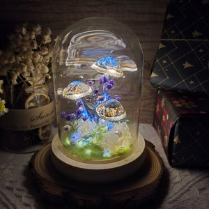 Wonderland Mushroom Room Lamp Dried Flower Night Light - Hand Painted Blue Mushroom Gifts for him Gifts for her