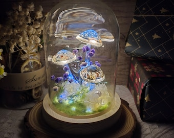 Wonderland Mushroom Room Lamp Dried Flower Night Light - Hand Painted Blue Mushroom Gifts for him Gifts for her