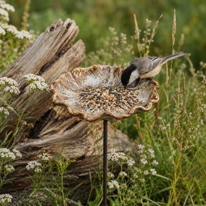 K&ouml;nnte beinhalten: Ein Vogelh&auml;uschen aus Keramik mit gewelltem, geschwungenem Rand und einer gesprenkelten braun-cremefarbenen Glasur. Die flache, runde Schale ist auf einem d&uuml;nnen, dunklen Metallstab montiert und mit einer Mischung aus kleinen Samen gef&uuml;llt.