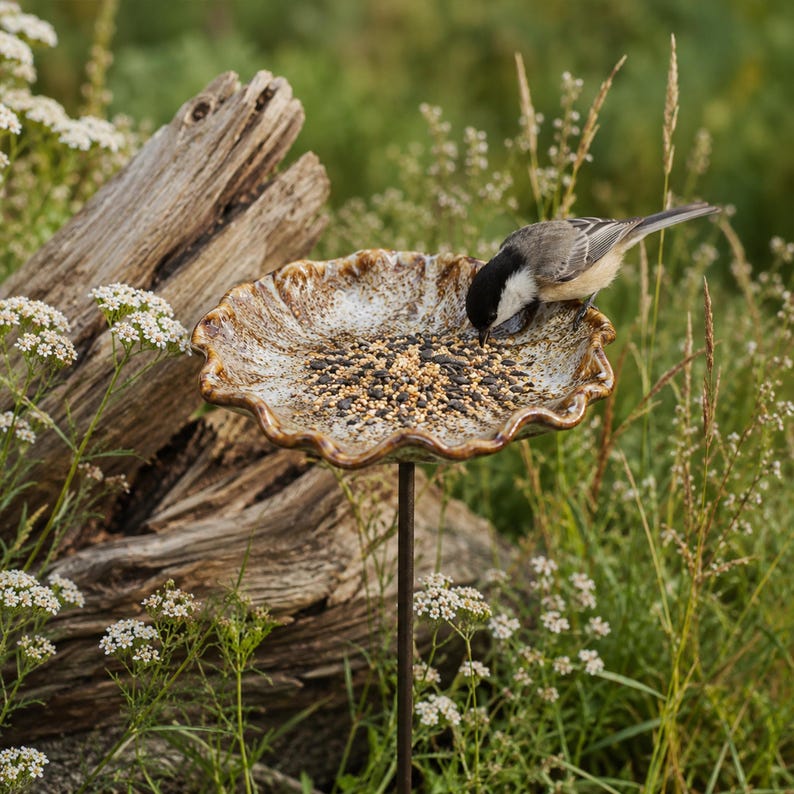 K&ouml;nnte beinhalten: Ein Vogelh&auml;uschen aus Keramik mit gewelltem, geschwungenem Rand und einer gesprenkelten braun-cremefarbenen Glasur. Die flache, runde Schale ist auf einem d&uuml;nnen, dunklen Metallstab montiert und mit einer Mischung aus kleinen Samen gef&uuml;llt.
