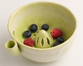 Handmade Ceramic Vortex Berry Washing Bowl, Fruit Rinse Strainer with Side Water Inlet, Kitchen Gift