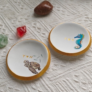 Handmade Ring Dish with Sea Turtle, Seahorse, Custom Ring Holder, Engagement Gift, Wedding Gift, Clay Ring Dish, initials, dates, names