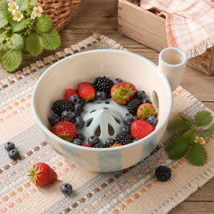Könnte beinhalten: Eine hellblaue und weiße Zitruspresse aus Keramik mit einem zentralen Presskegel mit Abflusslöchern und einem seitlichen Griff. Die Schale ist mit frischen Erdbeeren, Brombeeren und Blaubeeren gefüllt und zeigt ein funktionales Küchengerät.