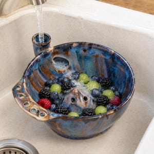 Hand Painted Swirl Berry Washing Bowl, Ceramic Fruit Rinser with Side Water Inlet, One of a Kind Pottery Gift