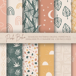 12 Pink Beige Green Boho Seamless Patterns Digital Paper Pack, Cute Bohemian Scrapbook Paper Set, Modern Papers Bundle, Commercial Use JPEG