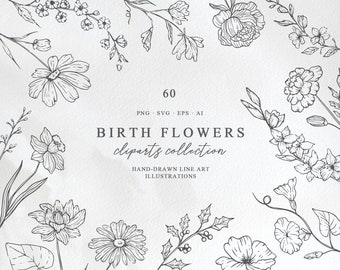 Birth Month Flowers Clipart Set SVG, Line Art Floral Bouquet PNG, DIY Birth Month Botanical Kit, Flower Birthday Illustrations, Hand Drawn