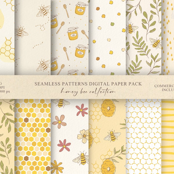 Honey Bee Digital Papers, Bee-Themed Seamless Patterns, Yellow Backgrounds with Bees, Honeycomb, Bee Hive, Honey Jar, Leaves and Flowers JPG