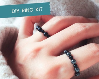 Make your own pearl ring, onyx ring, hematite ring, DIY ring kit, make your own gemstone ring, black ring, gift idea, favorite