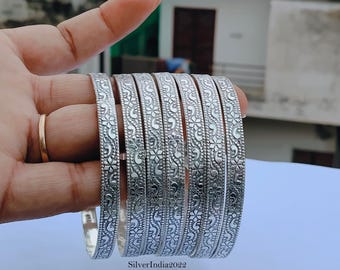 職人による手作りの925シルバー製バングル7点セット：エスニックな