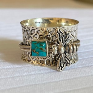 Kupfer Türkis Honig Biene Spinner Ring, 925 Sterling Silber Ring, Meditation Ring, Silber Schmuck Sorgen Ring, Angst Ring, schöner Ring,