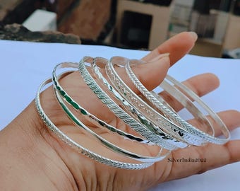 職人による手作りの925シルバー製バングル7点セット：エスニックな