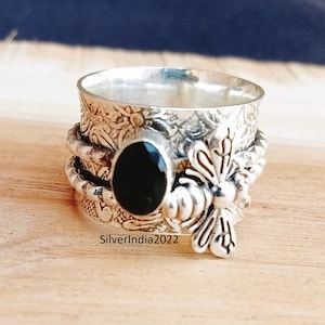 Black Onyx Honey Bee Spinner Ring: .925 Sterling Silver Meditation Ring