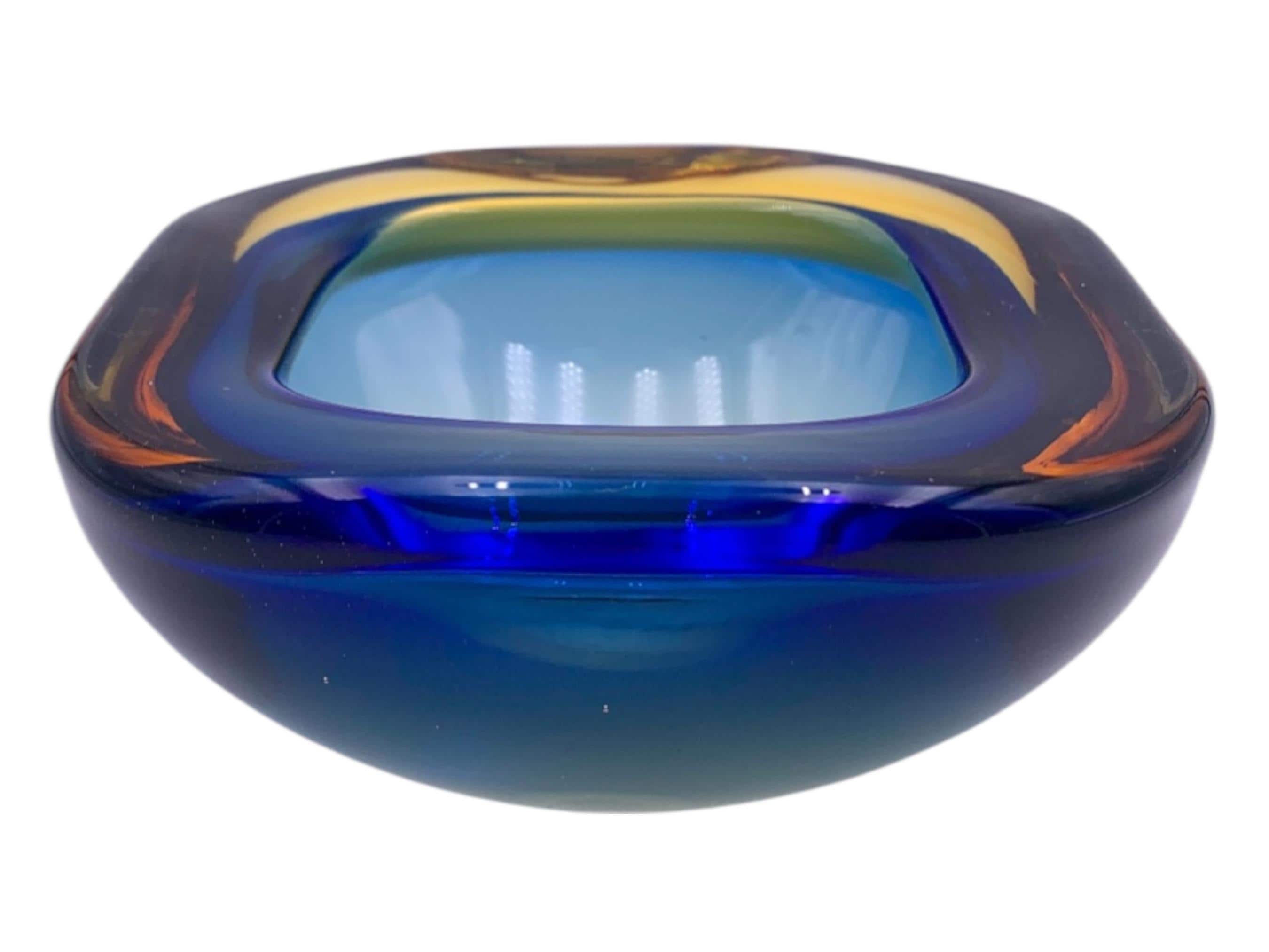 Rare 1960s Murano Glass Ashtray / Bowl by Flavio Poli – Royal Blue & Amber Sommerso Masterpiece