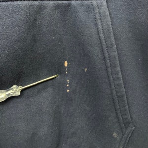 May include: Close-up of a navy blue hoodie pocket with brown stains. A silver screwdriver is pointing at the stains. The hoodie's fabric is slightly textured.