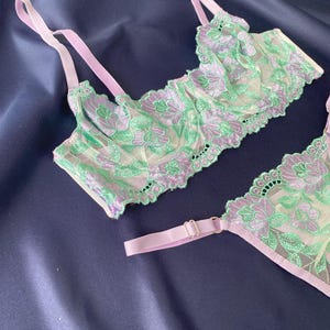 Lingerie Set – Sheer Mesh Bra & Thong – Handmade Women’s Intimates – Sexy Adjustable Bralette – Boudoir Lingerie