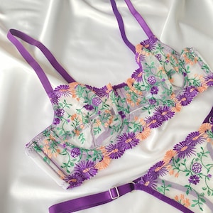 Lingerie Set – Sheer Mesh Bra & Thong – Handmade Women’s Intimates – Sexy Adjustable Bralette – Boudoir Lingerie
