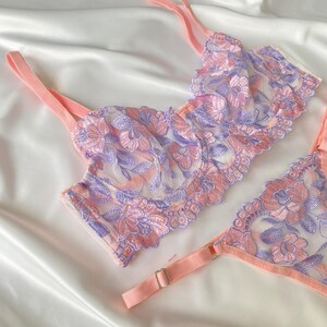 Lingerie Set – Sheer Mesh Bra & Thong – Handmade Women’s Intimates – Sexy Adjustable Bralette – Boudoir Lingerie