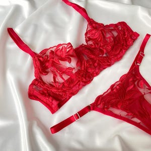 Lingerie Set – Sheer Mesh Bra & Thong – Handmade Women’s Intimates – Sexy Adjustable Bralette – Boudoir Lingerie
