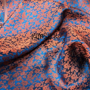 PURE MULBERRY SILK fabric by the yard - Blue silk with orange floral pattern - Handmade silk - Natural fiber - Dress making - Gift for women