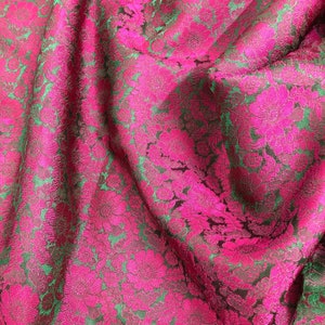 PURE MULBERRY SILK fabric by the yard - Green silk with pink flower - Natural fiber - Dress making - Gift for women - Silk apparel fabric
