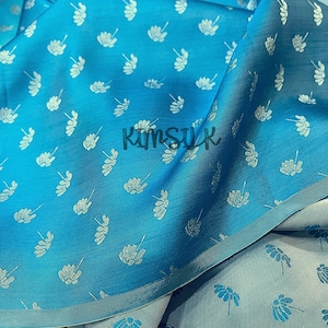 PURE MULBERRY SILK fabric by the yard - Light blue silk with floral pattern - Handmade silk - Natural fiber - Dress making - Gift for women