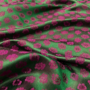 PURE MULBERRY SILK fabric by the yard - Green silk with pink floral pattern - Handmade silk - Natural fiber - Dress making - Gift for women