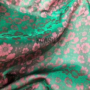 PURE MULBERRY SILK fabric by the yard - Green silk with pink floral pattern - Handmade silk - Natural fiber - Dress making - Gift for women