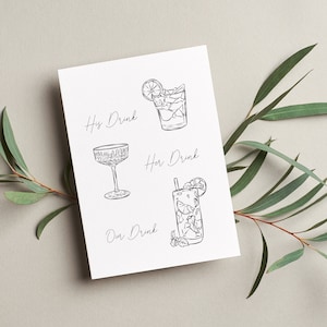 Pode incluir: Um cart&atilde;o imprim&iacute;vel com desenhos de linha preta de tr&ecirc;s coquet&eacute;is. O texto no cart&atilde;o diz "Sua Bebida", "Sua Bebida" e "Nossa Bebida".