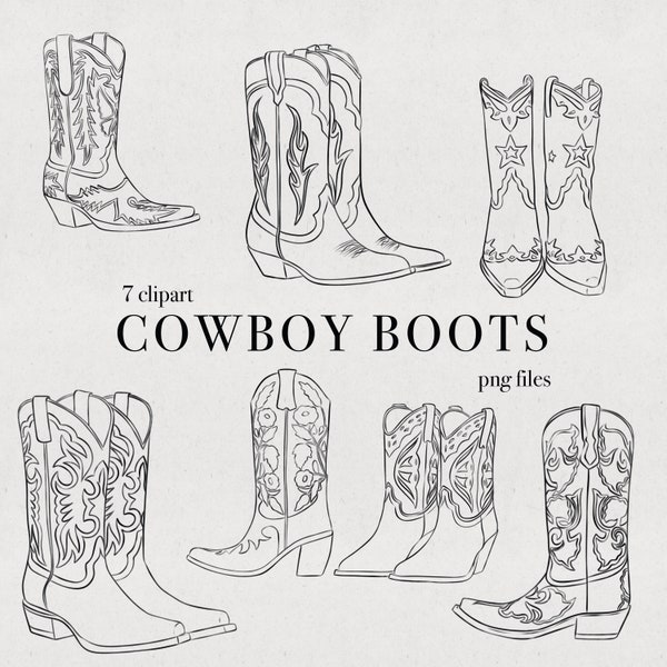 Cowboy Boots Illustrations | Cowboy Boots PNG | Cowgirl Images | Line Art Clipart | Commercial License | Line Cowgirl Boots