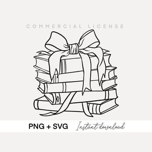 May include: A black and white line drawing of a stack of books tied together with a large bow. The text "COMMERCIAL LICENSE" is above the books and "PNG + SVG Instant download" is below the books.