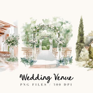 Lugar de celebración de bodas en acuarela, paisaje de acuarela, ilustración de boda, clipart de acuarela, invitación, pegatina digital, lugar de celebración de bodas PNG
