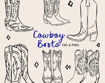 May include: Black and white line art illustration of six cowboy boots with various designs. The text "Cowboy Boots SVG & PNG" is written in blue cursive font.
