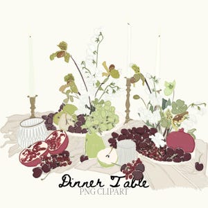 May include: An illustration of a dinner table setting with fruit, flowers, and candles. The table features plates of green grapes, pears, and pomegranates. White candles stand in gold candle holders, and the text "Dinner Table PNG Clipart" is at the bottom.