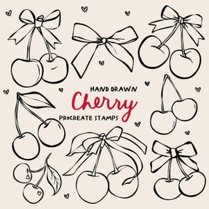 Handgetekende Cherry Procreate-stempelborstels, zeer fijne tekeningen, lijntekening, Coquette Procreate, kersenstempel, commerciële licentie